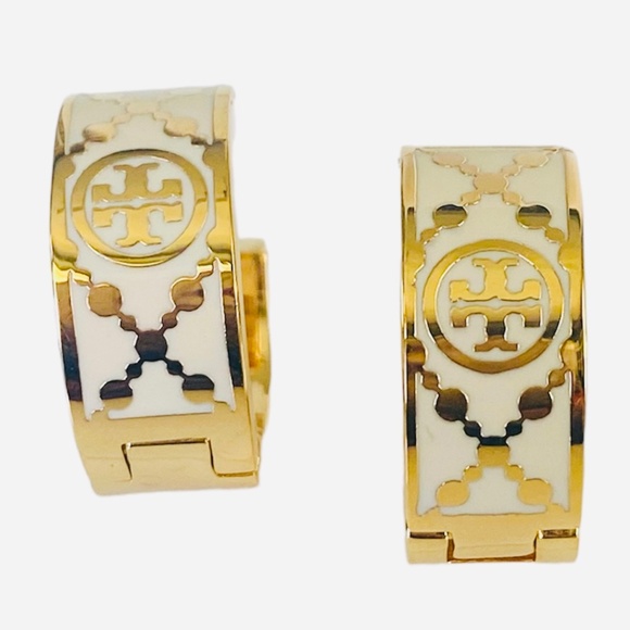 Auth Tory Burch Gold & Ivory Monogram T Huggie Earring Rtl $200 - Picture 1 of 5